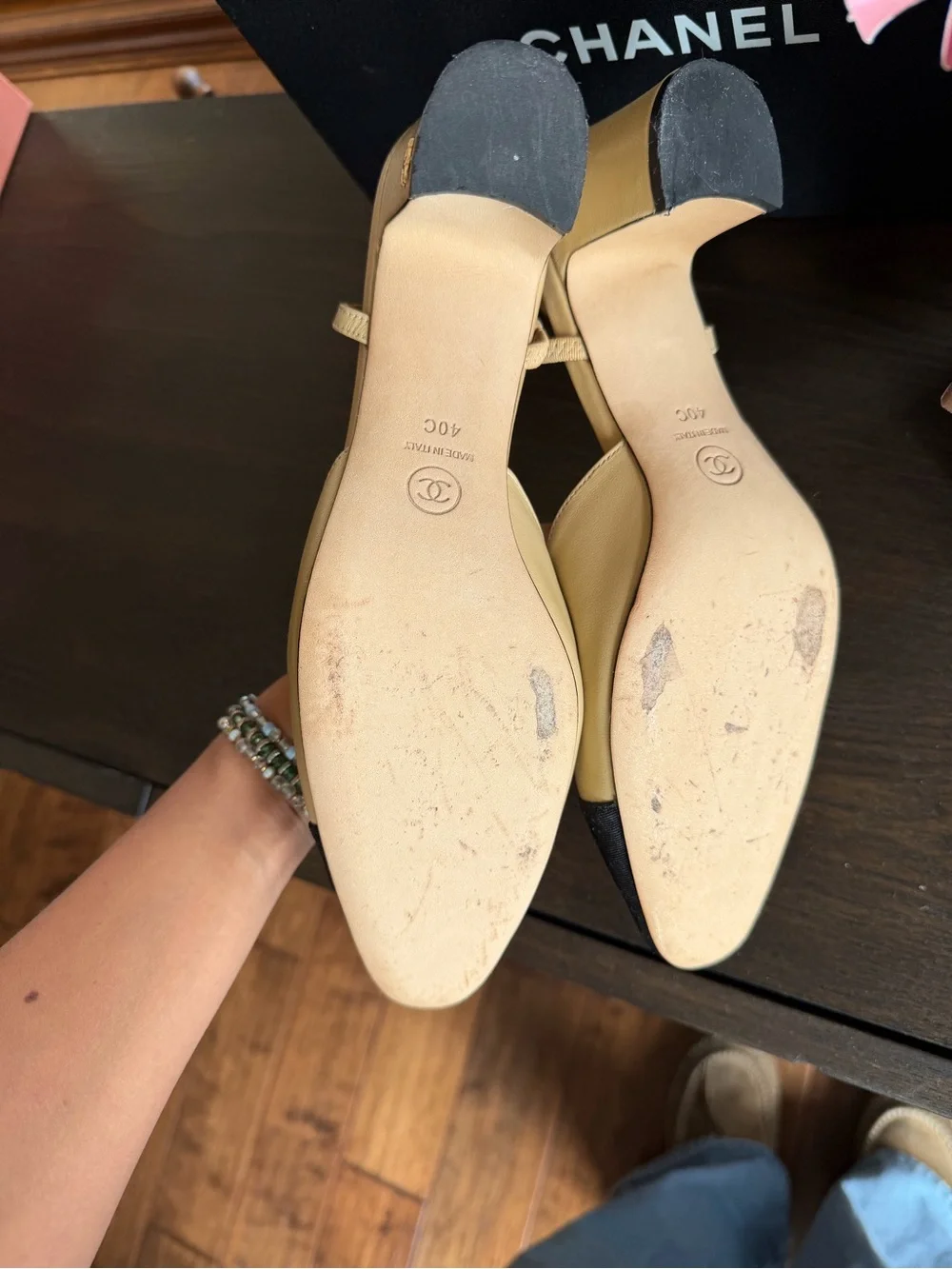 CHANEL Beige Leather Slingback Pumps with Black Cap Toe
